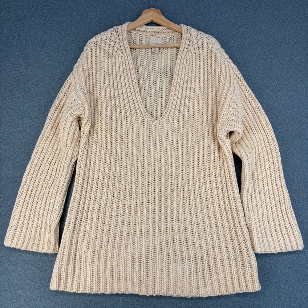 HM Womens Medium Cream Wool Cotton Blend Chunky Knit Oversized V-Neck Sweater